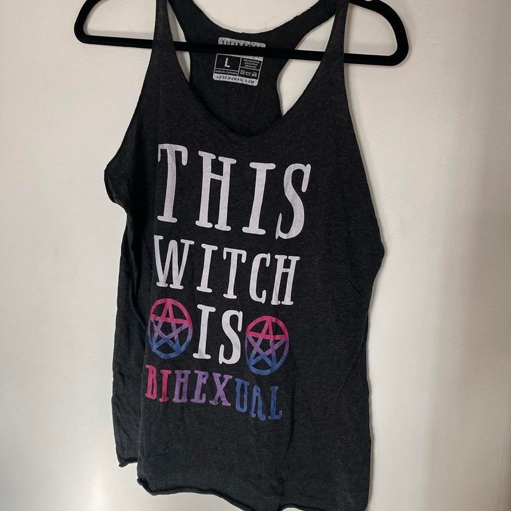 Lookhuman heathered dark gray tank top with bisexual witch slogan and pentacles